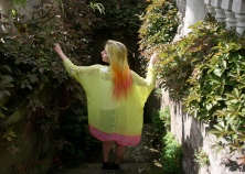 Yellow/Pink Kimono, embroidered silk chiffon. Model: Alice Old