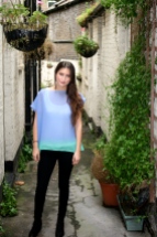 SariCycle Blue/Green Tunic, silk chiffon. Model: Brianna Domont